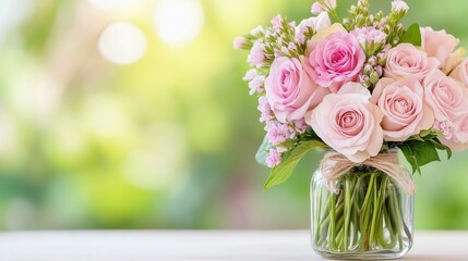 Elegant pink and white roses in a rustic glass vase against a soft green background
