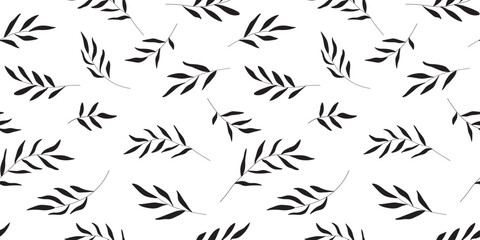 Seamless pattern with abstract silhouettes of branches with leaves. Simple monochrome nature print. Vector graphics.