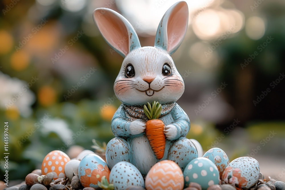 Poster cute bunny statue holding a carrot surrounded by colorful easter eggs in a garden setting during spr