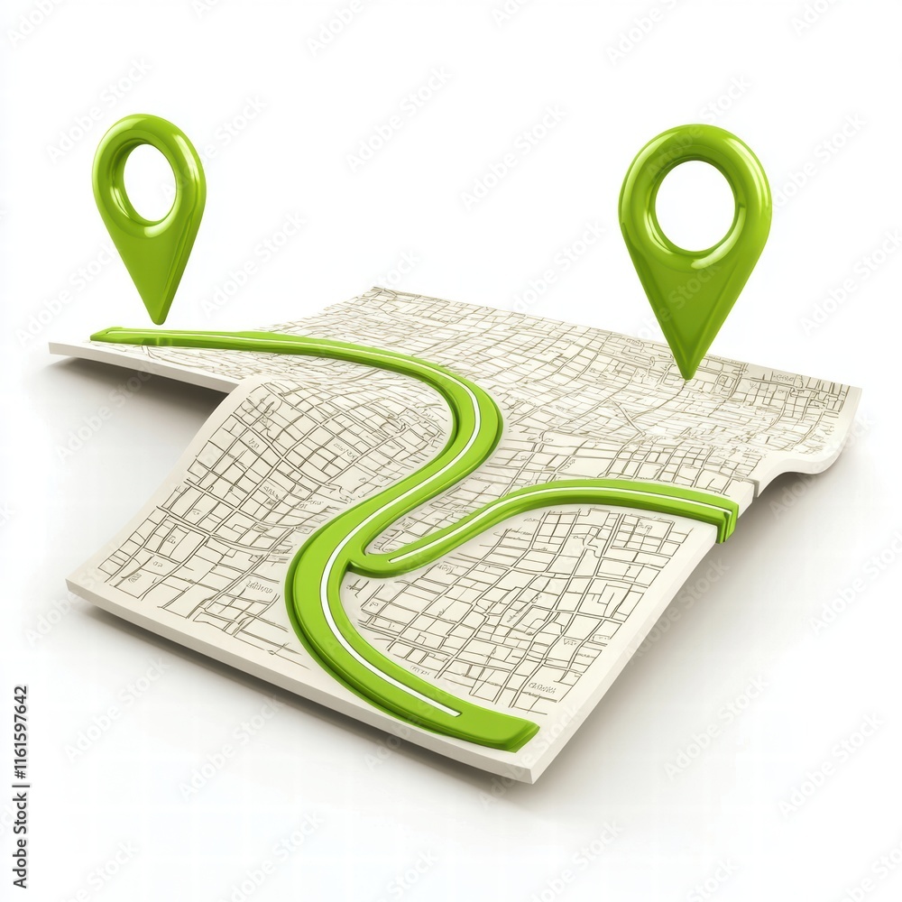 Poster modern map navigation concept with green route markers and city grid background
