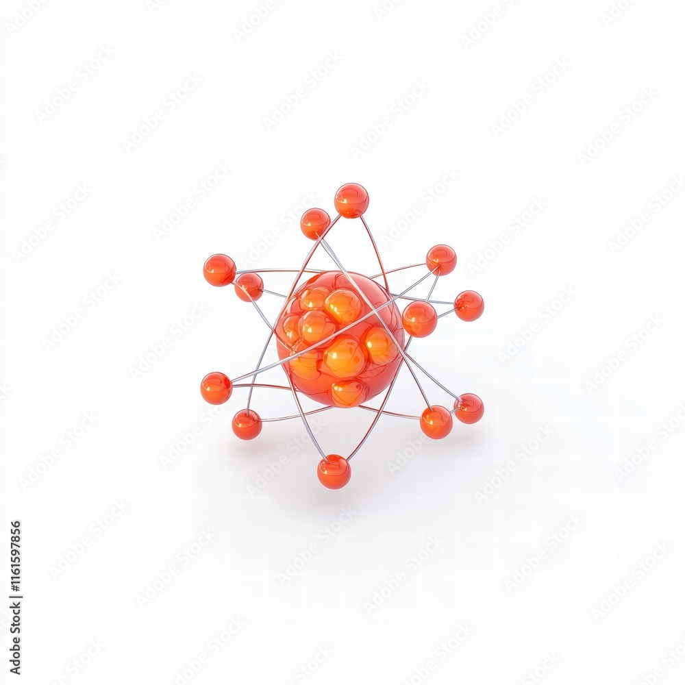 Poster 3d render of an atom model with colorful electrons and neutrons on a white background