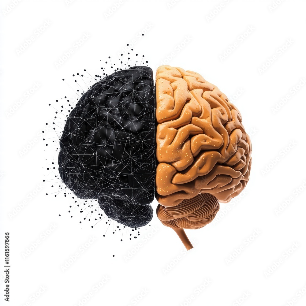 Poster half black half yellow brain representation showing cognitive duality concept