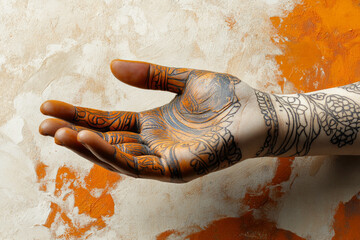 An intricately decorated hand with henna designs in vibrant orange tones, capturing the essence of cultural rituals and personal expressions of beauty and celebration.