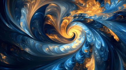 Captivating fluid art swirls in vibrant blue and golden hues. Vesperal. Illustration