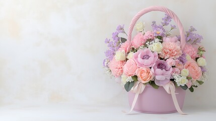 Obraz premium Elegant floral arrangement in pastel basket with soft pink and purple blooms