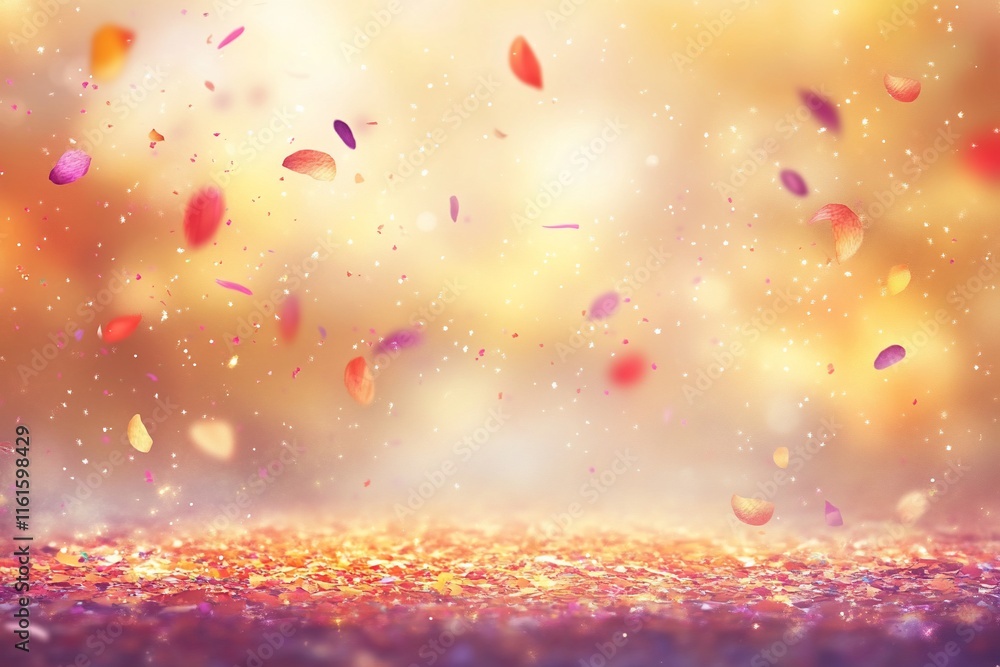 Poster a dreamy background with floating petals and sparkling light.