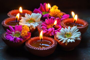 Diwali Celebration Colorful clay diya lamps adorned with vibrant flowers illuminate the festival lights, creating a beautiful contrast against a dark background