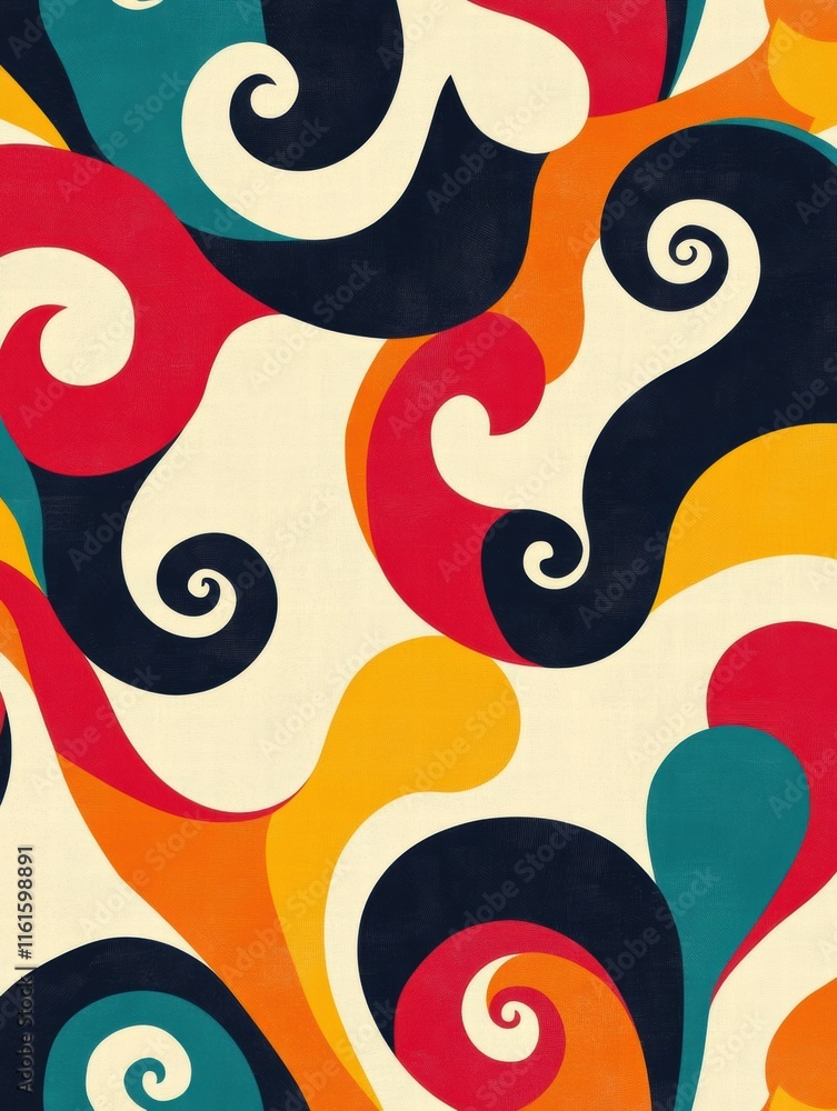 Poster colorful retro pattern featuring spirals and curves in vibrant 70s color palette for a nostalgic tou