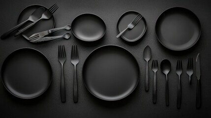 Empty black plates with utensils laid out on a black surface, minimal banner