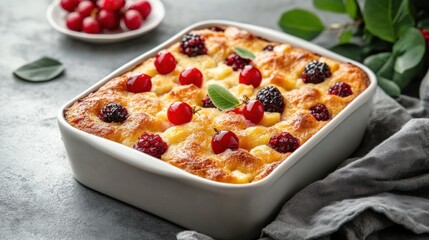 Christmas pudding and fruit cake in a baking dish. customary dessert at a celebration. background of grey. up close.
