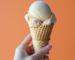 Female hand holding ice cream in a waffle cone on a bright background