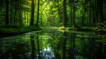 Tranquil Forest Scene with Lush Greenery and Reflective Water Surface