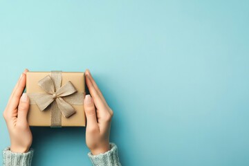 Female hands carefully holding a gift box on a blue background Elegant holiday gift concept