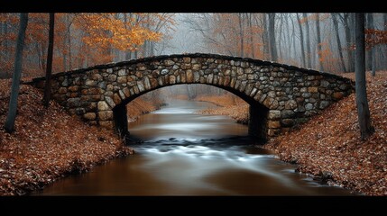 Serene Autumn Landscape with Stone Bridge Over Calm River Amidst Foggy Forest, Showcasing Vibrant Fall Foliage and Peaceful Water Flowing in Tranquil Setting