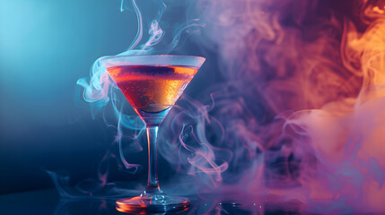 Stylish cocktail glass with colorful smoke and vibrant lighting effects