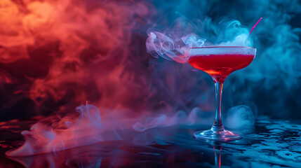 Vibrant Cocktail with Smoke Effect Against Neon Background