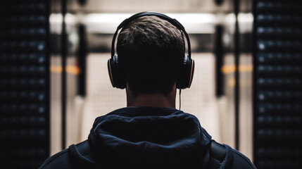 Man with Headphones Facing a Server Room