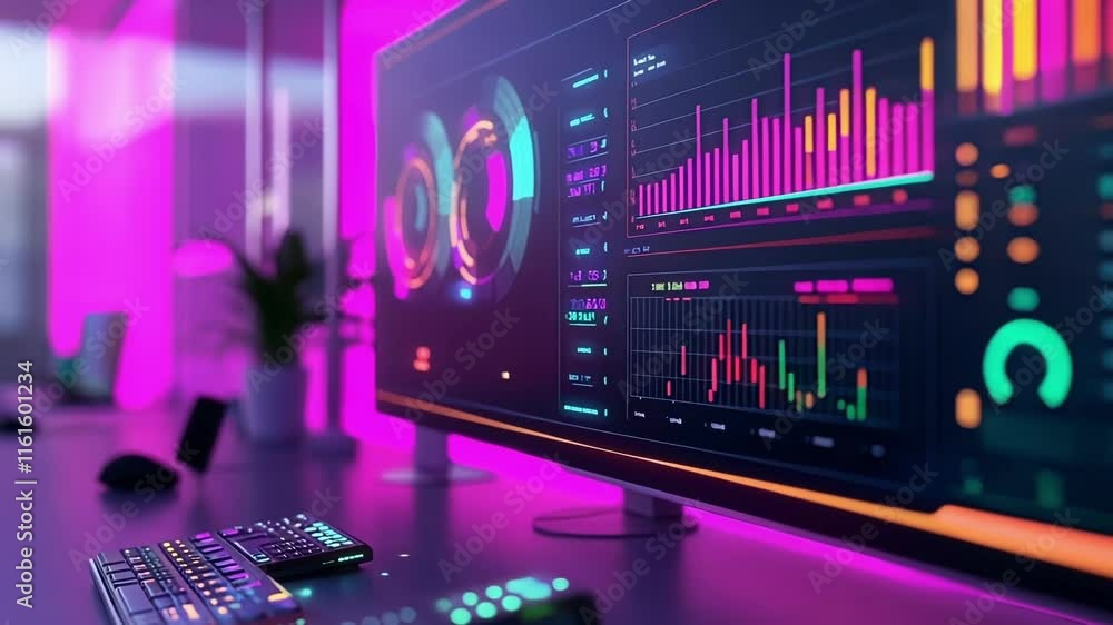 Poster a brightly colored dashboard in a control room showing interconnected devices and their realtime ene