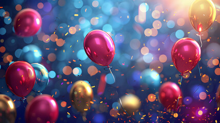 Colorful Balloons and Confetti Against a Shimmering Background