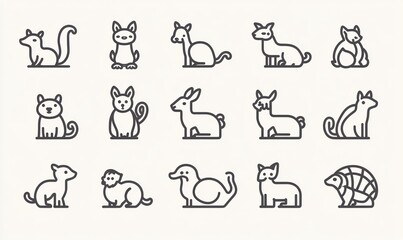 Collection of cute animal line icons.