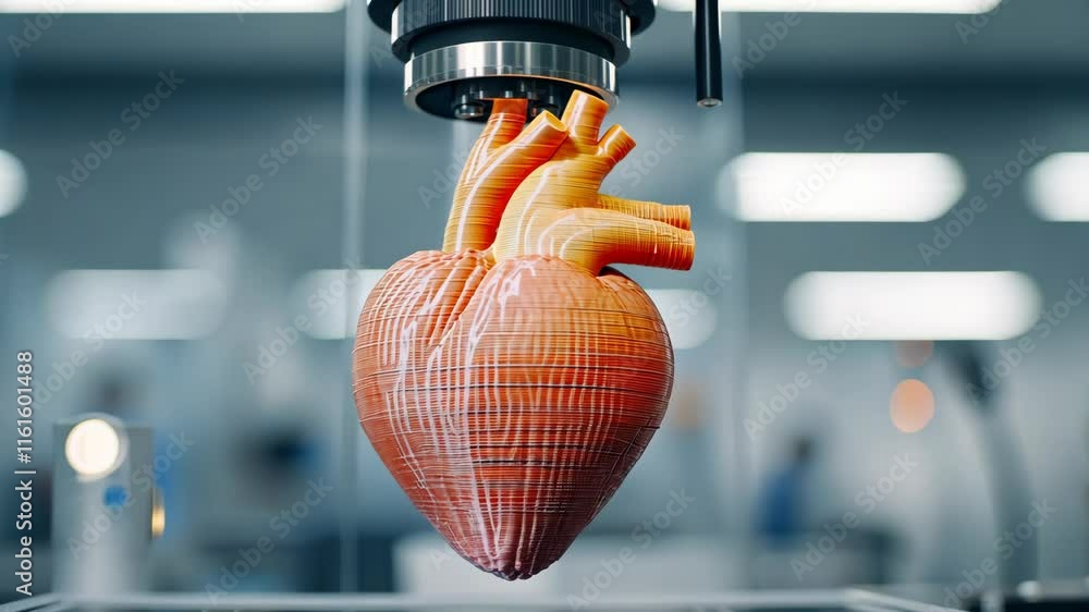 Poster 3d printed heart model on laboratory table with advanced technology background