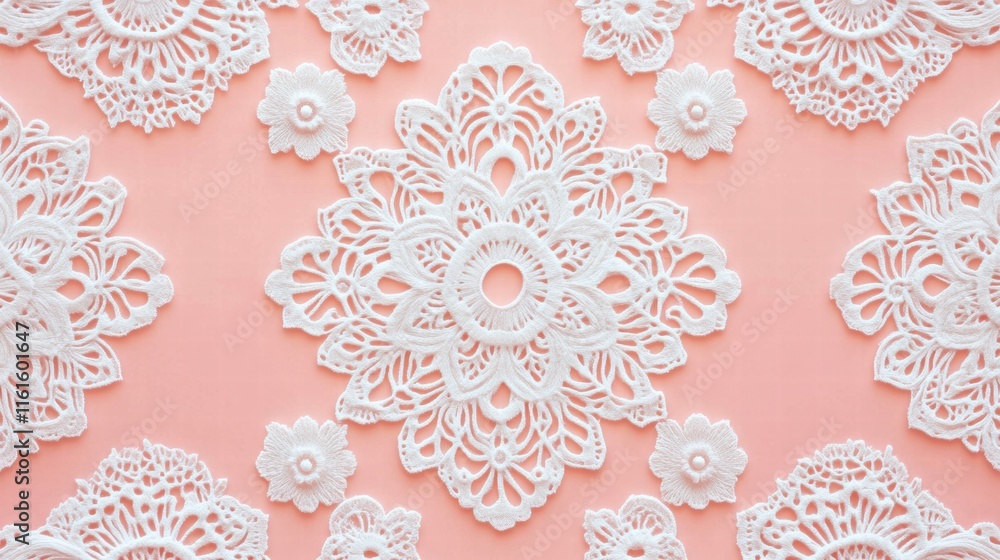 Poster Lace inspired seamless pattern showcasing intricate floral and geometric designs on a soft pastel background. Generative AI