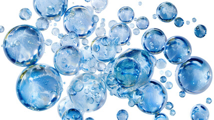 Clear bubbles in fresh blue water, isolated on white background 