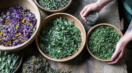 Organic Herb Collection A herbalist gathering and drying eco-friendly medicinal herbs, promoting alternative medicine and self-care through herbalism