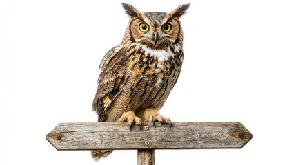 Owl standing proudly on a signpost, surrounded by nature, white background