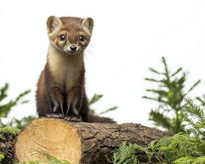 Pine marten perched on a log in a dense forest setting, white background