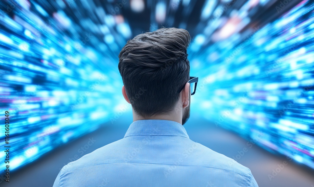 Poster a person viewing a digital landscape filled with vibrant data streams.