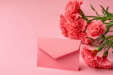 Pink envelope and carnation bouquet on a pastel pink background Mother's Day celebration concept