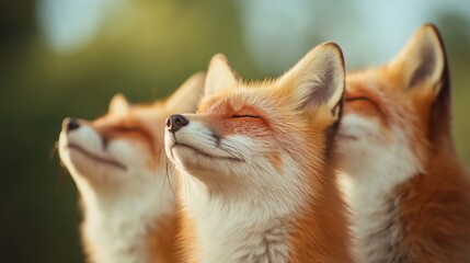 Fototapeta premium Three foxes basking in the sunlight with closed eyes and serene expressions in a natural setting.