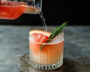 Pink grapefruit and rosemary gin cocktail being poured into a prepared glass