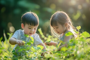 Playful children exploring nature on a sunny day, filled with wonder and