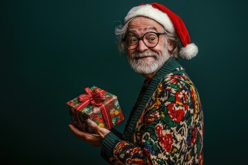 Quirky pensioner showcasing a Christmas gift in a decorated outfit against a dark green background