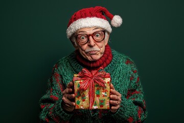 Quirky pensioner showcasing a Christmas gift in a decorated outfit against a dark green background
