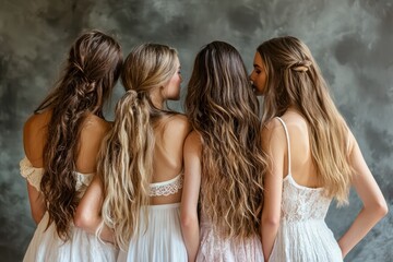 Rear view portrait five model girls in a tender pose, encouraging authenticity against a studio background