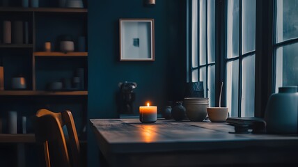 Dark room with single candle flickering on wooden table during power outage, creating serene atmosphere with soft glow illuminating scattered items.
