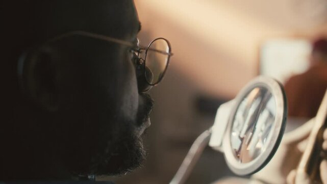 Black researcher wearing gloves holding ancient spearhead and examining it under magnifying glass in laboratory. Close-up, rack focus shot