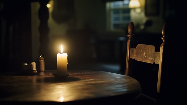 Dark room with single candle flickering on wooden table during power outage, creating serene atmosphere with soft glow illuminating scattered items.