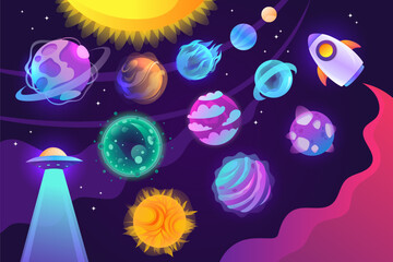 Set of planets and space objects. Vector cartoon illustration. UFO, rocket and stars. EPS 10