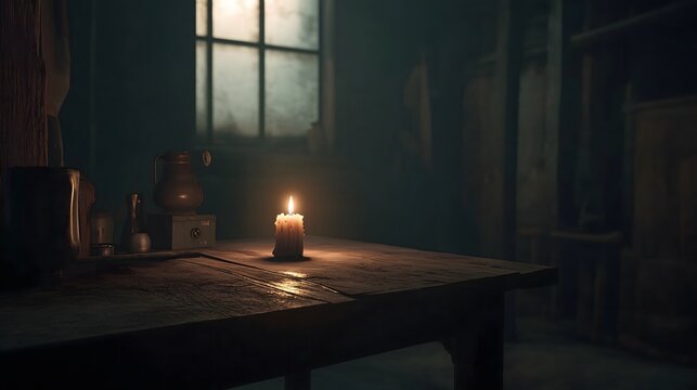 Dark room with single candle flickering on wooden table during power outage, creating serene atmosphere with soft glow illuminating scattered items.