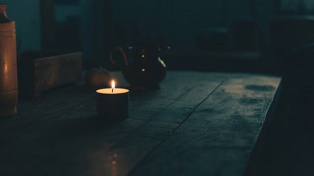 Dark room with single candle flickering on wooden table during power outage, creating serene atmosphere with soft glow illuminating scattered items.