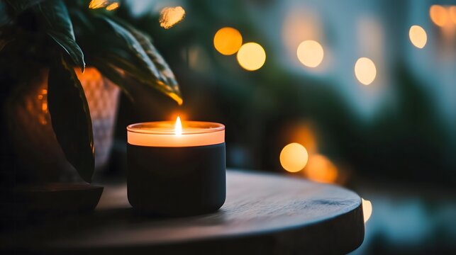 Dark room with single candle flickering on wooden table during power outage, creating serene atmosphere with soft glow illuminating scattered items.