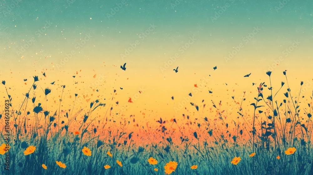 Aufkleber sunrise over a vibrant field filled with flowers and butterflies in a retro risograph style. generat