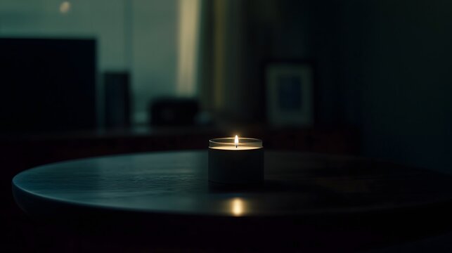 Dark room with single candle flickering on wooden table during power outage, creating serene atmosphere with soft glow illuminating scattered items.