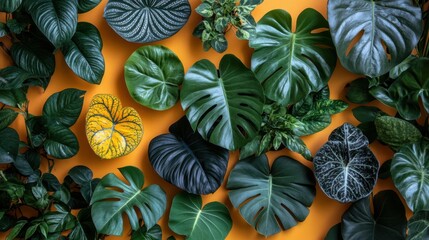 Naklejka premium A Vibrant Collection of Tropical Green Leaves on a Bright Orange Background Perfect for Nature Lovers and Interior Decor Inspiration