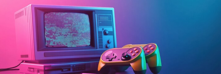 Retro gaming console setup featuring television and dual controllers emitting nostalgic vibes. Generative AI