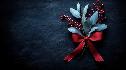 Fototapeta premium Elegant holiday arrangement featuring red berries, green eucalyptus leaves, and a luxurious satin ribbon against a dark slate background, perfect for seasonal celebrations or festive decor.